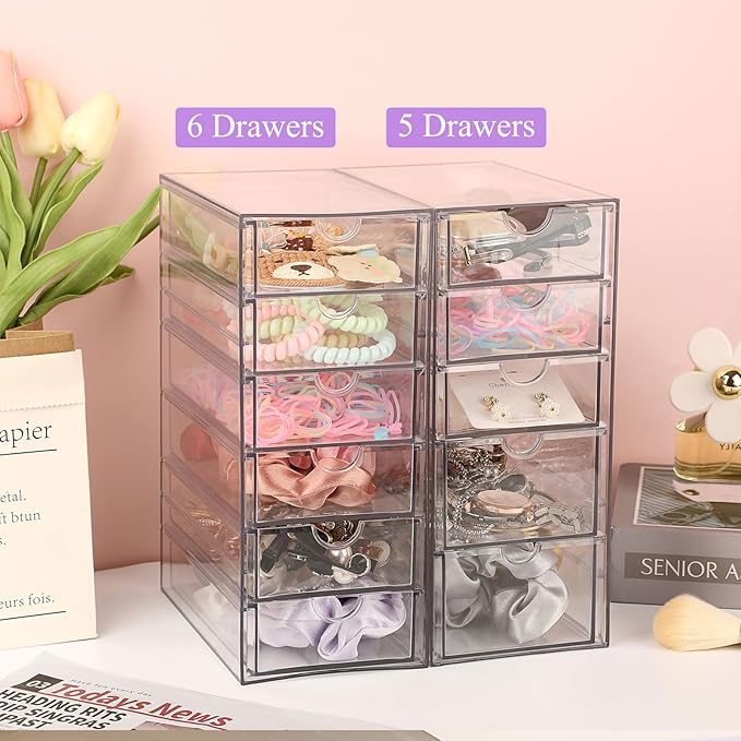 Hipiwe Plastic Drawer Organizer Clear Desktop Drawers Box with 6 Pull Out Drawer Compact Storage Box for Cabinet Vanity Bathroom Bedroom Pantry Shelf Office Closet Organization