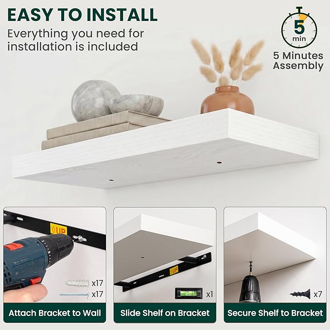 Floating Shelves for Wall 40 in x 9.3 in Deep, Wall Mounted Rustic Wood Shelf with Invisible Brackets for Storage & Display, Living Room Bedroom Bathroom, White, 2 Pack
