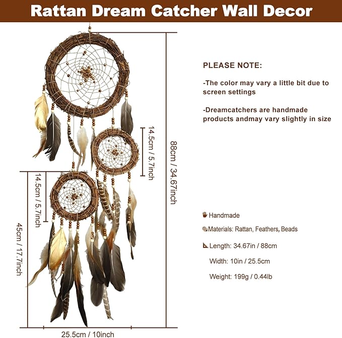 Dream Catcher Native American Boho Dreamcatcher Rattan Wall Decor, Handmade Natural Goose Feathers Large Dream Catchers Hanging Ornament Indian Decor for Bedroom Living Room (Dark Brown Mix)