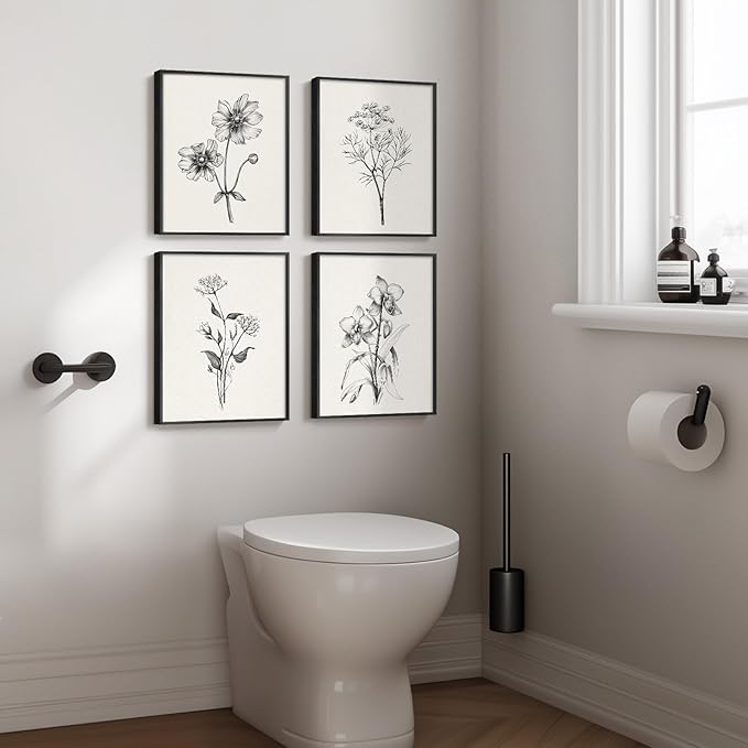 Framed Black and White Floral Wall Art for Bedroom, 4 Piece Vintage Botanical Canvas Paintings Artwork for Modern Farmhouse, Minimalist Flower Pictures for Living Room Kitchen Bathroom Wall Decor