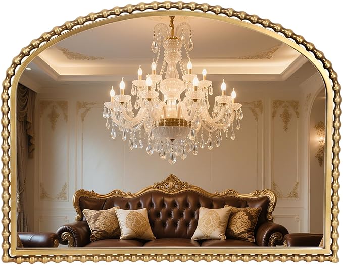 36x28 Inch Wide Arched Wall Mirror with Bold Antique Gold Beaded Frame, Decorative Mantel Mirror for Fireplace or Entryway, Horizontal Hanging Statement Mirror for Living Room Wall Decor