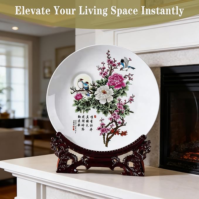 LIYAOLI Decorative Plates for Display - Handmade Chinese Classical Black Peacock & Peony Porcelain Plates for Living Room, Dining Table, Shelf Decor (2026 Art Collection) (Peony)