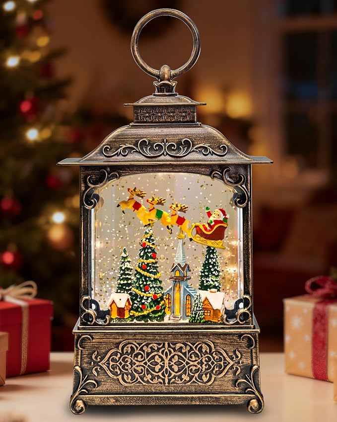 Santa Christmas Snow Globe with Flying Reindeer - Lighted Church Musical Snow Globes Lantern with Swirling Glitter, 8 Classic Songs, 6-Hour Timer, Xmas Gift for Adults and Holiday Decoration