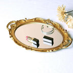 Polyresin Ellipse Antique Decorative Mirror Tray, Makeup Organizer, Jewelry Organizer, Serving Tray, 9.8”x 14.6”, Gold