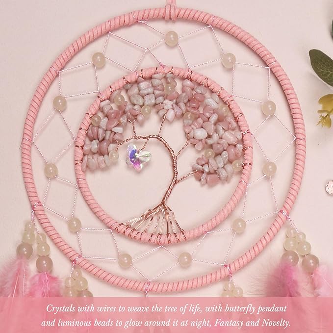 Pretty Jolly Pink Tree of Life Dream Catcher Wall Decor with Luminous Beads Handmade Crystal Stones Dreamcatchers Wall Hanging with Small Butterfly Pendant for Bedroom Wedding Party Wish Gift