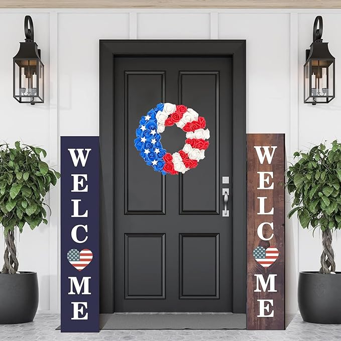 Patriotic Wreath for Front Door Red White Blue Wreath 4th of July Wreaths for Door Wall Memorial Day Decor Independence Day Hanging Decoration for Outside Home Farmhouse Holiday (Flower)
