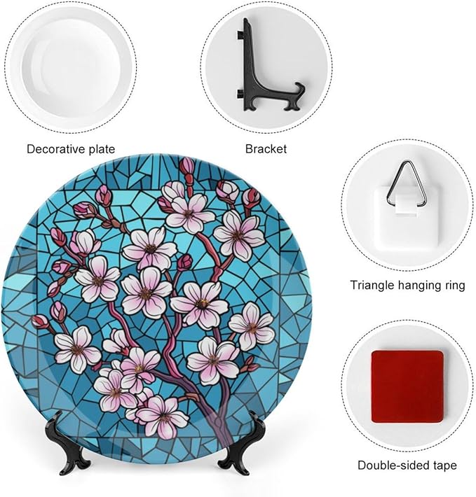 Stained Glass Theme Decorative Ceramic Plate Round Porcelain Plate,8 inch,Cherry Tree Pattern,for Decorative Ornaments Giving Plates, 1 Plate with 1 Display Stand,Blue Pink