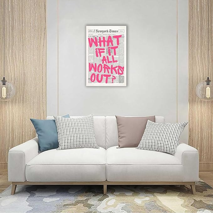 Drimiler Retro Newspaper Pink Font Poster What If It All Works Out Canvas Wall Art Positive Affirming Quote Minimalist Prints Painting For Home Bedroom Dorm Wall Decor 24x36in Wframed