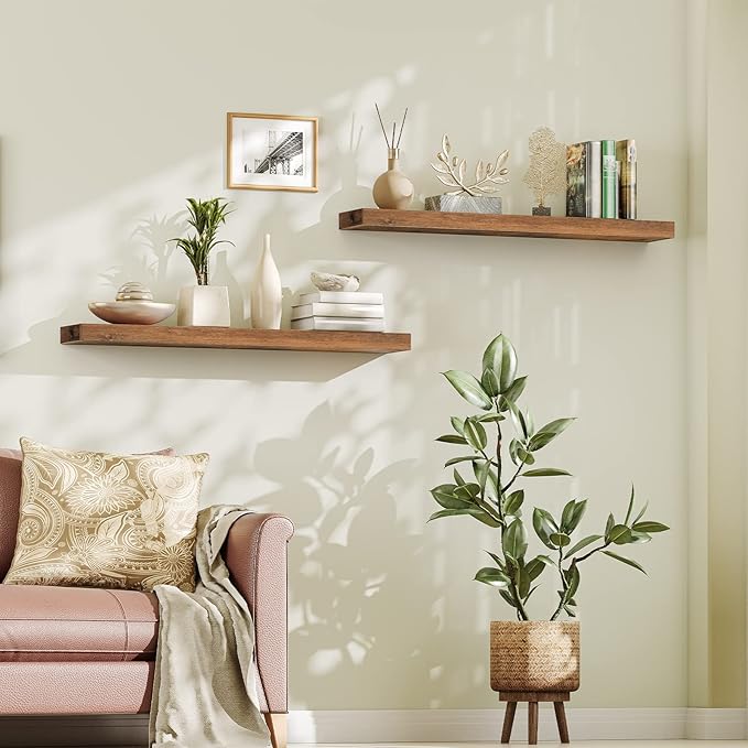 HOOBRO Floating Shelves for Wall, Wall Mounted Shelf Set of 2, 47.2" Hanging Shelf with Invisible Brackets, for Wall Storage in Bathroom Bedroom Kitchen Living Room Office, Rustic Brown BF120BJP201