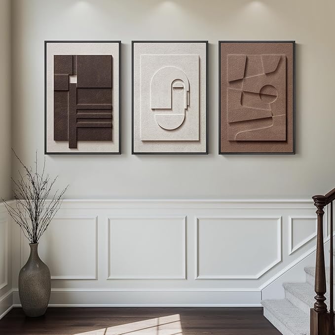 Large 3D Textured Framed Neutral Abstract Wall Art, 3 Piece Modern Artwork for Walls, Minimalist White Brown Geometric Wall Paintings for Living Room, Dining Room, Lounge, Bedroom Wall Decor 20x30 In