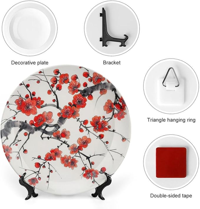 Japanese Spring Theme Decorative Ceramic Plate Round Porcelain Plate,Plum Tree Blossoms Pattern,for Decorative Ornaments Giving Plates, 1 Plate with 1 Display Stand,Red Beige,10 inch