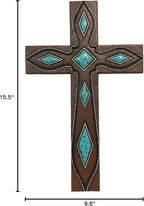 De Leon Collections 14229 Turquoise Leather Tooled Pattern Brown 15.5 Inch Polyresin Southwestern Decorative Home Décor Hanging Sculpture Wall Cross