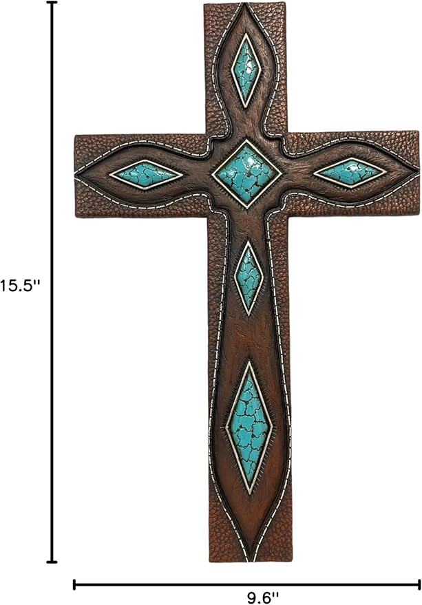 De Leon Collections 14229 Turquoise Leather Tooled Pattern Brown 15.5 Inch Polyresin Southwestern Decorative Home Décor Hanging Sculpture Wall Cross