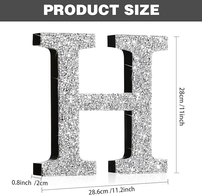 Qunclay 12'' Silver Crystal Diamond Bling Letters Crushed Diamond Decoration Wooden Glitter Letter with Screw and Hooks Rhinestone Gift for Wedding Y2k Mcbling Bedroom Wall Decor (Letter H)