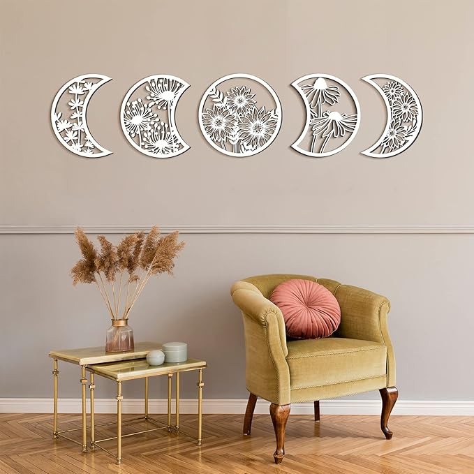 Jetec 5 Pcs Moon Phase Wall Art Decor Wall Pediments Hanging Wooden Phase Spiritual Bedroom Nordic Boho Lunar Aesthetic Art for Living Room Dorm Apartment Ornament(White)
