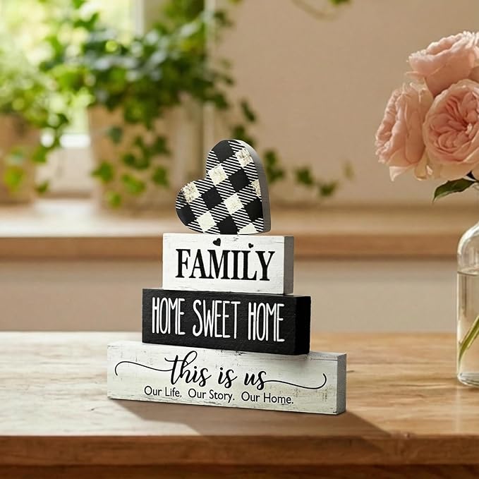 Smile 4 Pcs Family Wooden Tabletop Decor Home Sweet Home Tiered Tray Decoration, Rustic Retro Neutral Wood Heart-Shaped Block Sign, Suitable for Home Shelves Fireplace Mantels
