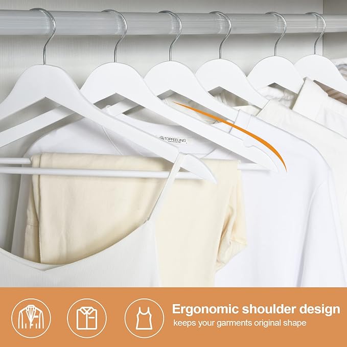 ELONG HOME Wooden Hangers 30 Pack, Wood Hangers with Extra Smooth Finish, Precisely Cut Notches & Chrome Swivel Hook, Wooden Clothes Hangers for Shirt Coat Jacket Dress, White