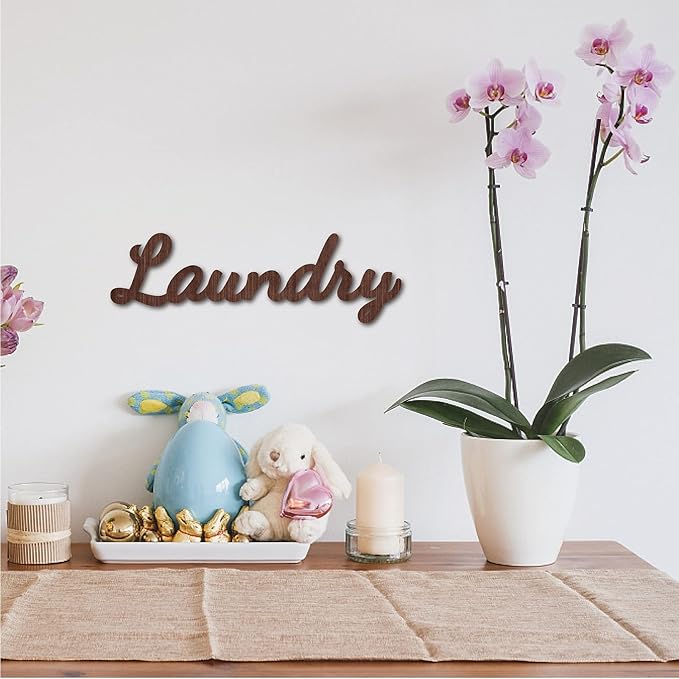 CREATCABIN Cutout Sign Laundry Letter Wooden Wall Art Decor Wood Word Sculpture Signs Rustic Farmhouse for Housewarming Home Front Door Entryway Wall Decoration, Brown, 11.9 x 3.7inch