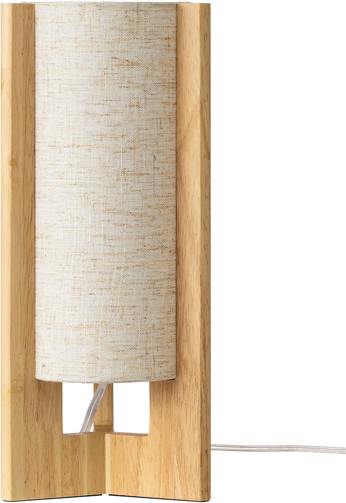 EDISHINE Small Wood Table Lamp, 13.5" Modern Bedside Lamp, Beige Linen Shade, Natural Wood Cylinder Nightstand Lamp for Bedroom Living Room, On-Off Line Switch, E26 Base (Bulb Not Included)
