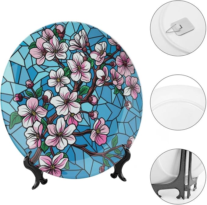 Stained Glass Theme Decorative Ceramic Plate Round Porcelain Plate,7 inch,Cherry Tree Pattern,for Decorative Ornaments Giving Plates, 1 Plate with 1 Display Stand,Blue Pink
