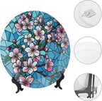 Stained Glass Theme Decorative Ceramic Plate Round Porcelain Plate,10 inch,Cherry Tree Pattern,for Decorative Ornaments Giving Plates, 1 Plate with 1 Display Stand,Blue Pink