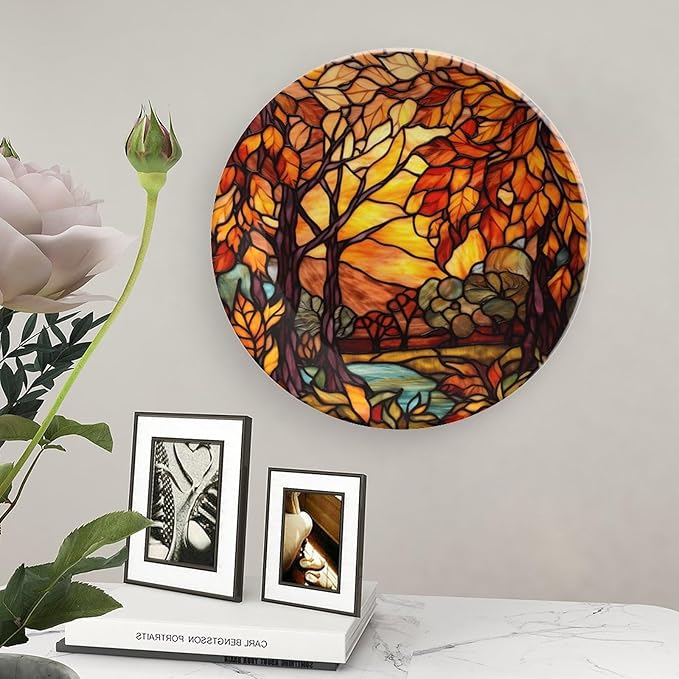 Decorative Plates, Stained Glass Design Fall Tree Landscape Ceramic Dinner Plate Home Wobble-Plate with Display Stand, Autumn Wall Hanging Decor for Living Dining Room Kitchen Household 8 Inch