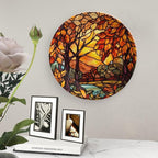 Decorative Plates, Stained Glass Design Fall Tree Landscape Ceramic Dinner Plate Home Wobble-Plate with Display Stand, Autumn Wall Hanging Decor for Living Dining Room Kitchen Household 8 Inch
