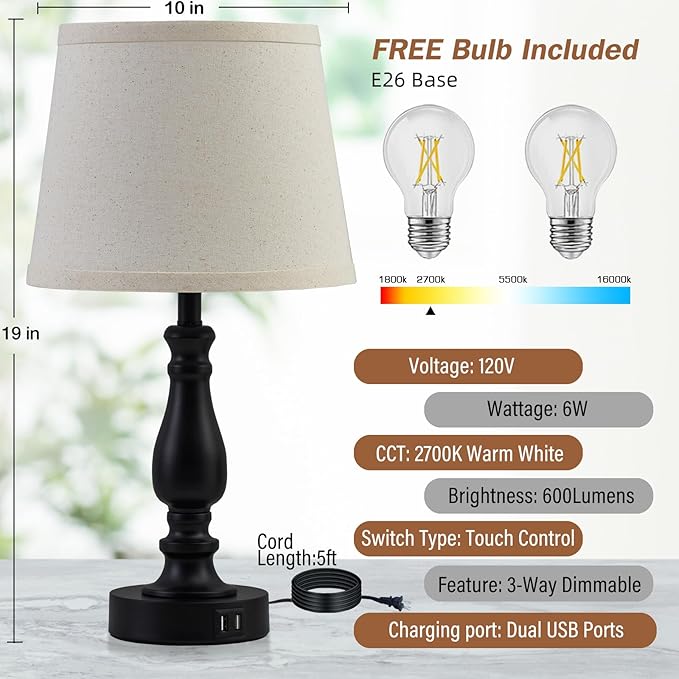 EJIAXIN Lamps for Bedroom Set of 2,Touch Bedside Table Lamp with USB C+A Ports,Dimmable Nightstand Lamps with Round Fabric Linen Lampshade for Living Room Reading Bed Side End Table,Bulbs Included