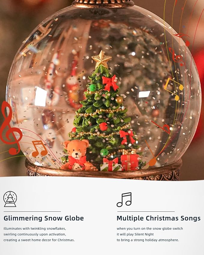 Snow Globe Christmas, Lighted Christmas Snow Globes with Timer, Swirling Musical Glittering Snowglobe Lantern for Decorations(Bear Gifts)
