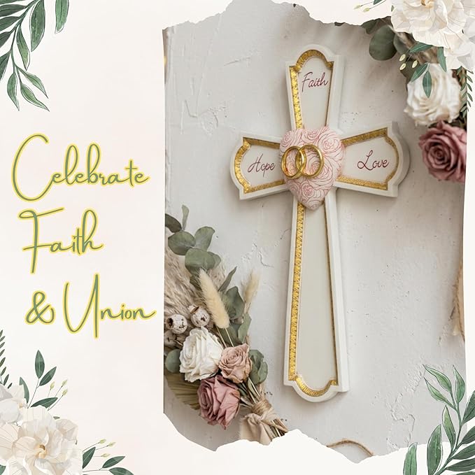 Grace4Joy Wedding Wall Cross, 10 Inches Marriage Prayer Cross Decor Vow Renewal Gifts, Hand Painted Faith Hope Love Wall Decor Religious Wedding Gifts for Couples