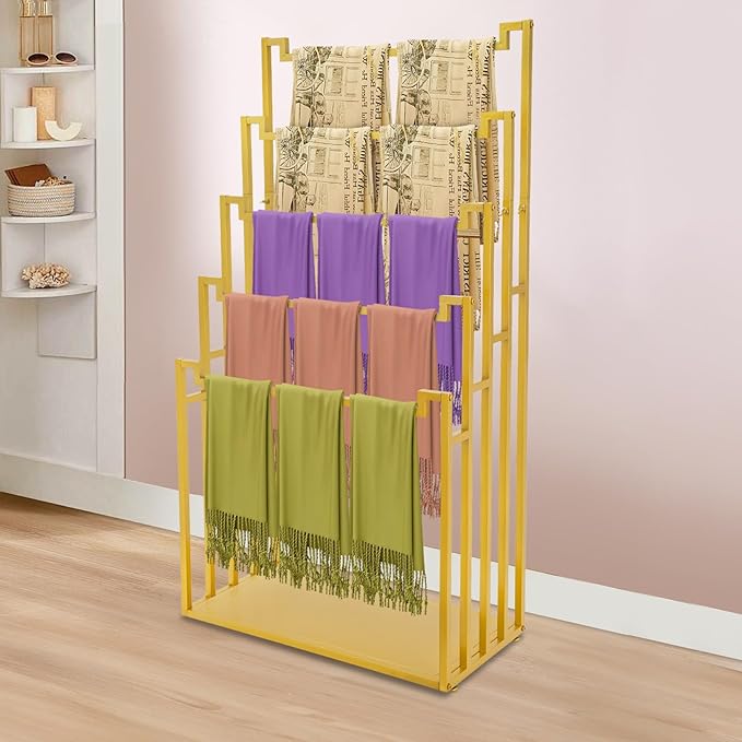Scarf Organizer, 5-Tier Metal Scarf Display Stand with Wheels, Freestanding Scarf Display Rack, Retail Store Towel Rack, Ties Belt Pants Hanging Rack, for Boutique Display, Home (Gold-5 Rods)