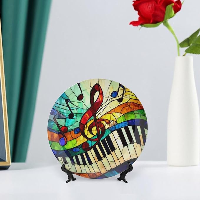 Musical Notes Theme Decorative Ceramic Plate Round Porcelain Plate,6 inch,Musical Rainbow Stained Glass Pattern,for Decorative Ornaments Giving Plates,1 Plate with 1 Display Stand,Red Blue