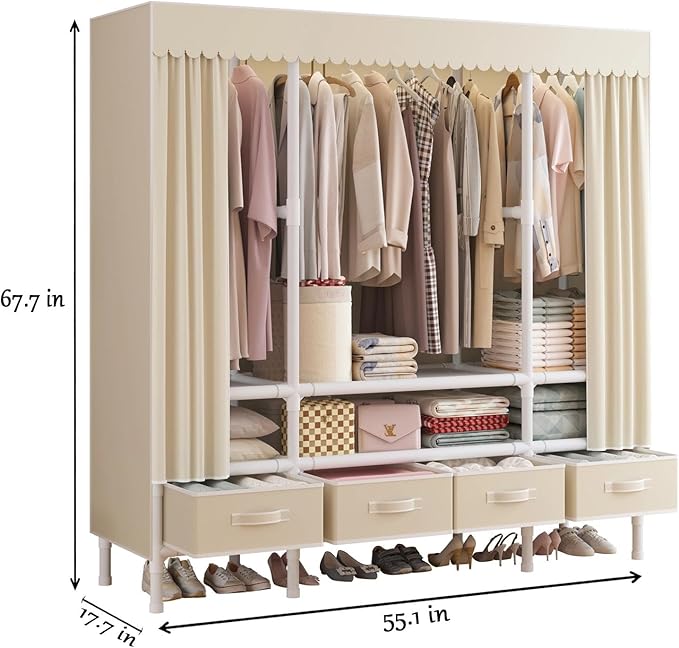 Portable Closet,Garment Rack,Heavy Duty Clothes Rack with Cover,Wardrobe Closet with 3 Hanging Rods, 6 Storage Shelves and 4 Drawers,55.1" L x 17.7" W x 67.7" H,Pale Yellow