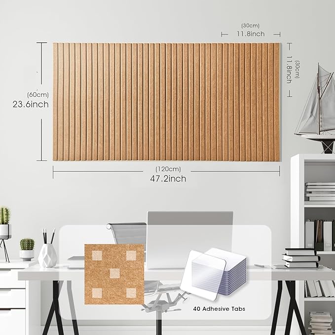 Large Cork Board for Office, 8 Pack Felt Wall Tiles with Slat Wall Paneling and Safe Removable Adhesive Tabs, Felt Bulletin Board Pin Board Cork Boards for Walls - Mustard