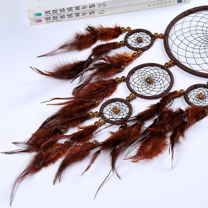 Handmade Dream Catchers Wall Decor,Boho Feather Dreamcatcher with Natural Elements,Unique Home Decor Gift for Bedroom, Living Room (Dark Brown 19.7in)