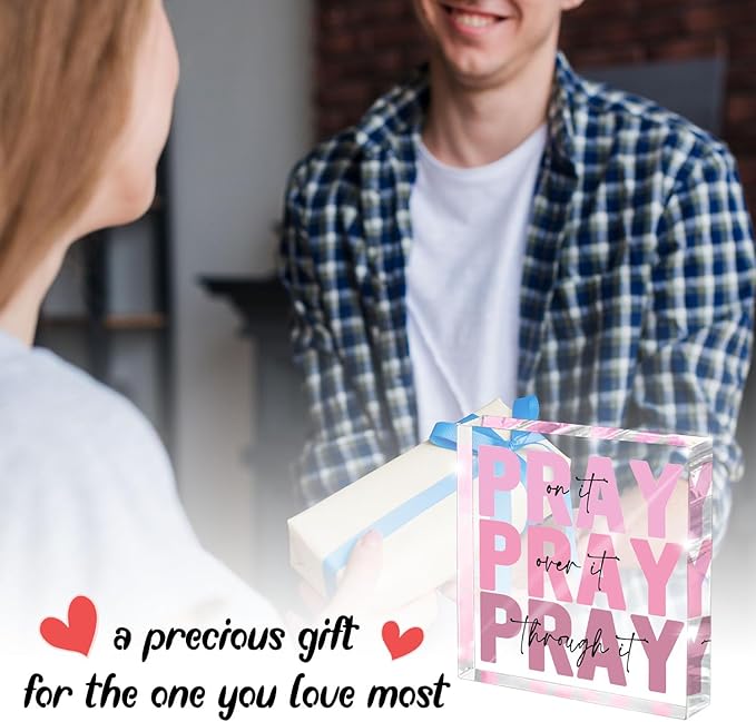 Pink Inspirational Decor Pray Over It Bible Verse Wall Art Christian Gifts for Women, 4x 4 Inches Office Desk Accessories Decor Sign, Pink Dorm Room Decoration for Women - Pray on it Pray through it