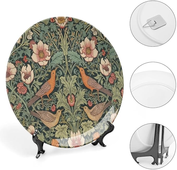 Christmas Ceramic Decorative Plate for Display William Morris Forest Flowers And Birds Household Kitchen Supplies Wall Hanging Decorative Plate with Display Stand Customize Gifts for Women, More Size