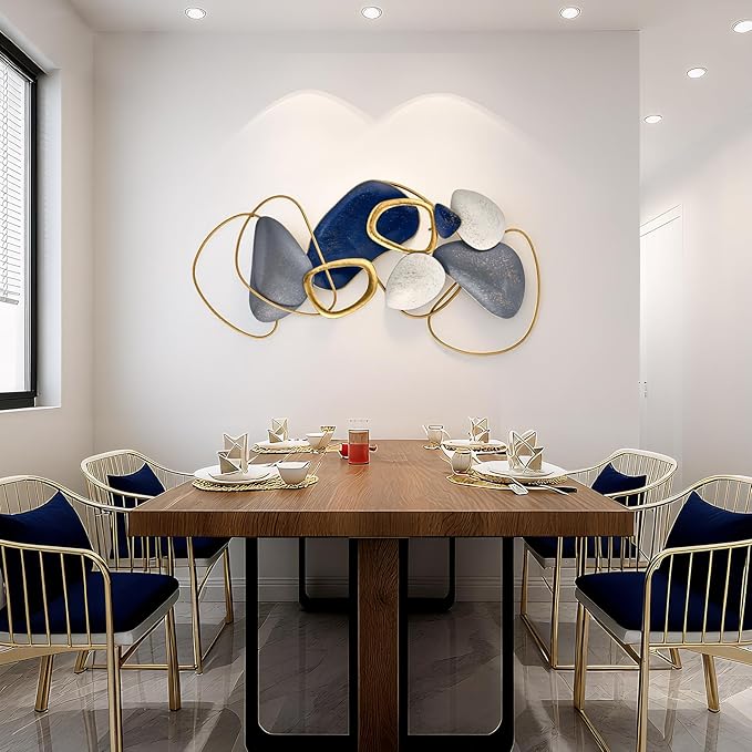 SHERBECK 3D Metal Wall Art Decor Blue Pebble Wall Sculptures Hanging Ornament Modern Abstract for Bedroom Living Room Sofa Background Home Office Kitchen Gold 41.3" L × 19.7" W