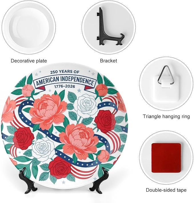 250th Anniversary Decorative Plates 10 Inch Modern Floral Patriotic Decorations Commemorative Plates with Stand Memorial Day 4th of July Veterans Day Home & Office