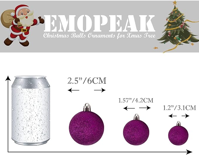 Emopeak 24Pcs Christmas Balls Ornaments for Xmas Christmas Tree - 4 Style Shatterproof Christmas Tree Decorations Hanging Ball for Holiday Wedding Party Decoration (Purple, 2.4"/6.2CM)