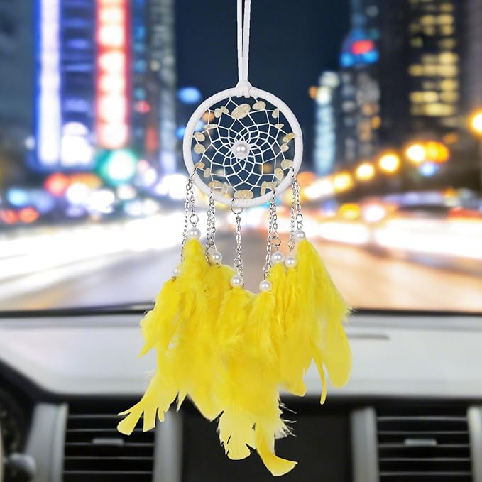 Pretty Jolly Crystal Stone Small Dream Catchers Yellow Feathers Mini Dreamcatchers with Beads for Cars Rear View Mirror Hanging Decoration Good Luck Travel Charm Bedroom Ornaments for Women Girls