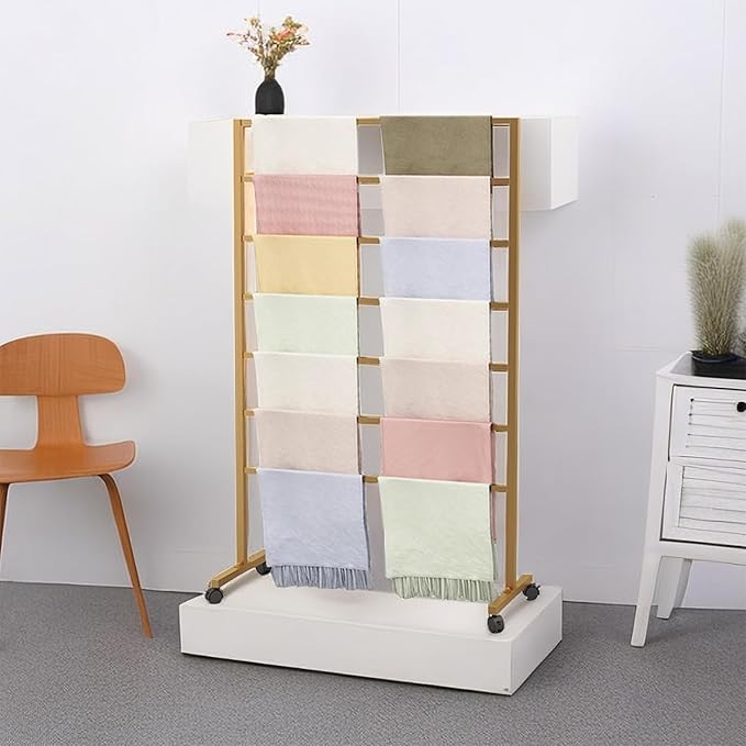 Gold Freestanding Metal Scarf Display Stand, Double-Sided Scarf Floor Standing Display Rack, Belt Shawl Hijab Organizer for Boutique Display, Commercial Home