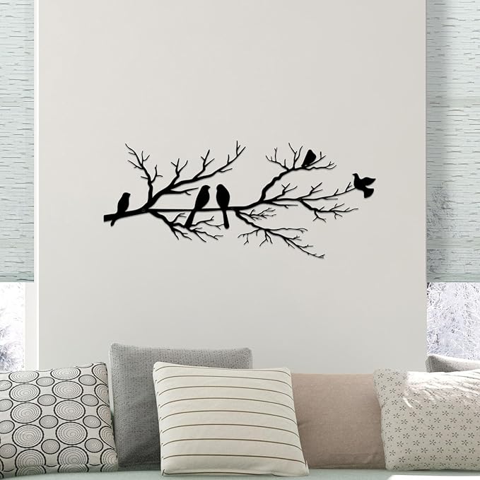 ESTART Metal Birds Wall Art, Metal Vivid Birds on Branch Silhouette Wall Decor Black Leaves with Bird Outdoor Hanging Wall Sculpture for Home Balcony Garden (Small)