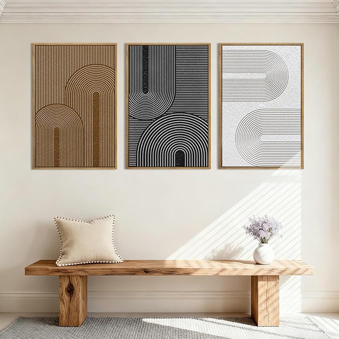 BINCUE Abstract Neutral Canvas Paintings Framed Modern Wall Art Neutral Geometric Wall Decor Modern Abstract Artwork Black and White Wall Painting Brown Pictures for Bedroom Living Room Office 16x24 Inch Set of 3
