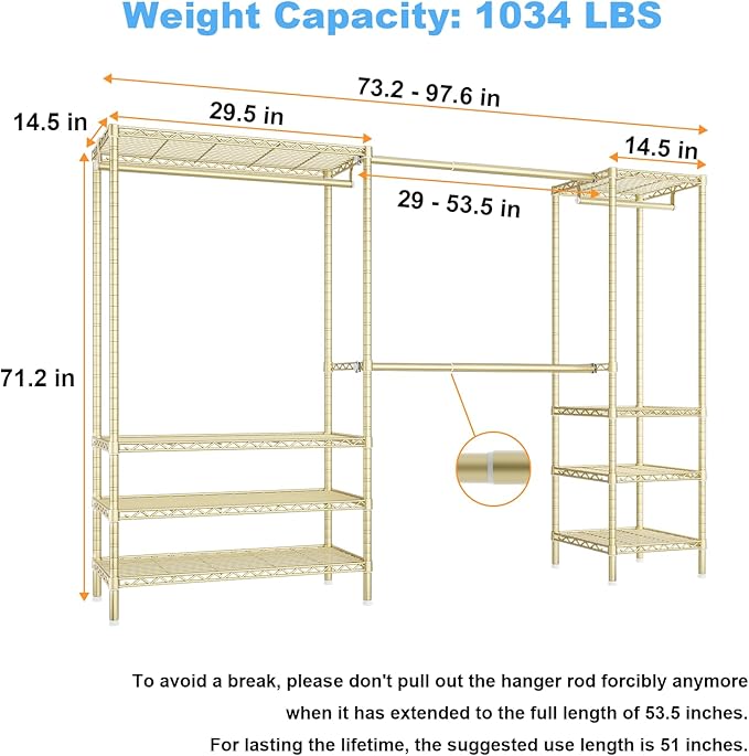 Ulif E11 Heavy-Duty Garment Rack, Metal Freestanding Clothes Rack and Closet Storage Organizer System with 8 Shelves and 4 Hanger Rods, (73.2-97.6)" W x 14.5" D x 71.2" H, Load 1034 LBS, Gold