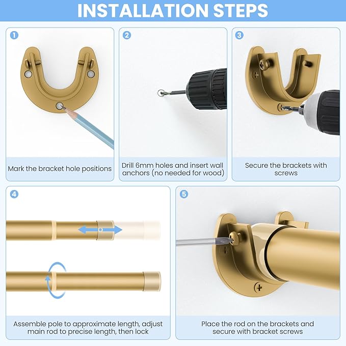 Closet Rods for Hanging Clothes, 17 to 99 Inch Heavy Duty Stepless Adjustable Closet Hanging Rod, 1.3 Inch Diameter Metal Closet Rod for Wardrobes Laundry Bedroom RV, Gold