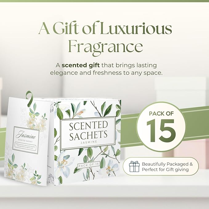 15 Pack Jasmine Sachets for Drawers and Closets, Scented Sachets for Drawers, Closet Freshener Sachet for Drawers to Refresh Any Space, Jasmine Sachet Bags, Scented Drawer Fresheners