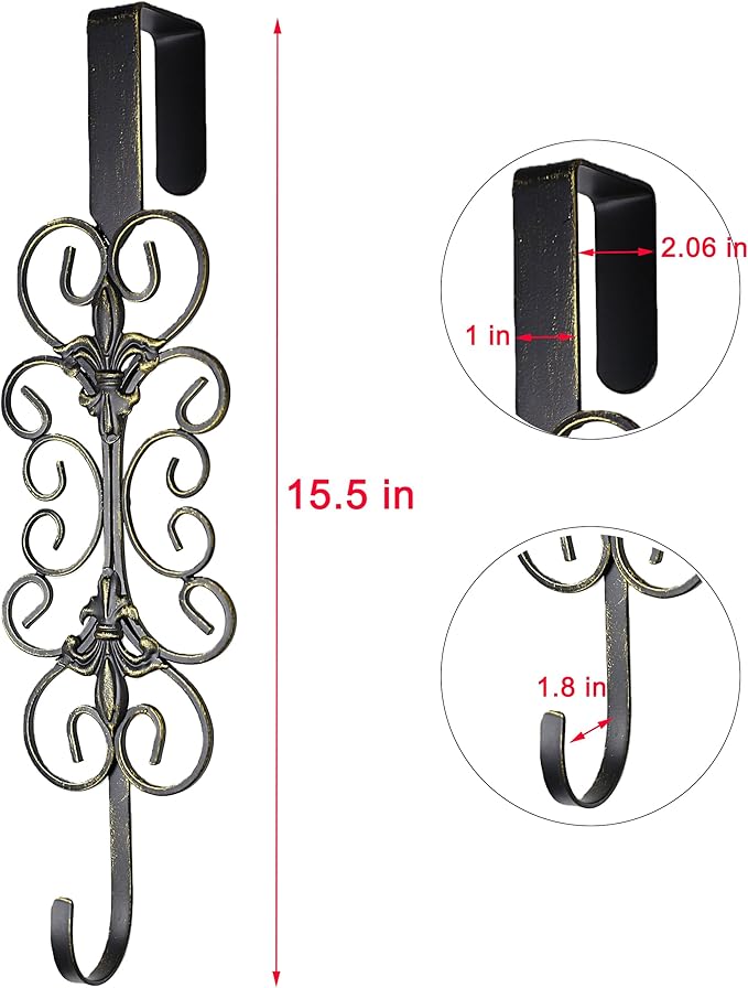 2 PCS Wreath Hangers for Front Door 15.5" Wreath Hook Over the Door, Decorative Scroll and Fleur De lis Wreath Holder,Antique Brass