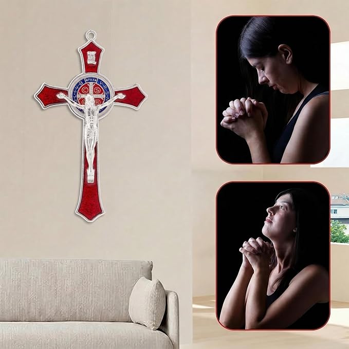 TALPGOD 7 Inch St Benedict Crucifix Red,Crucifix Wall Cross for Catholic Decor,Jesus Christ Hanging Cross Wall Art Decor,Escapularios Catolicos,Saint Benedict Medal for Home Decoration