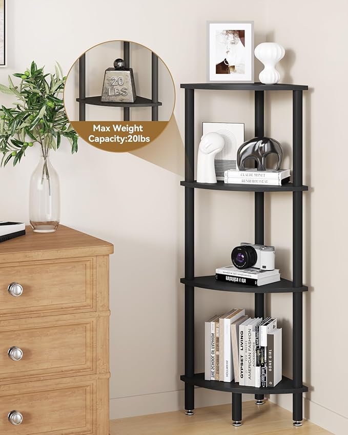 IBUYKE 4 Tier Corner Shelf Stand,Industrial Corner Display Rack,Corner Bookshelf for Living Room, Bedroom, Kitchen, Home Office, Black WBC014B